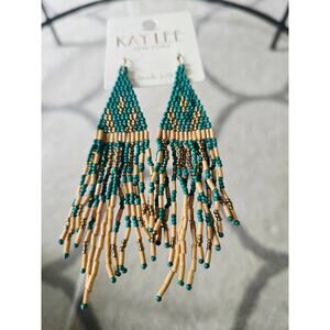 Kay Lee Teal Tan Beaded Boho Earrings New